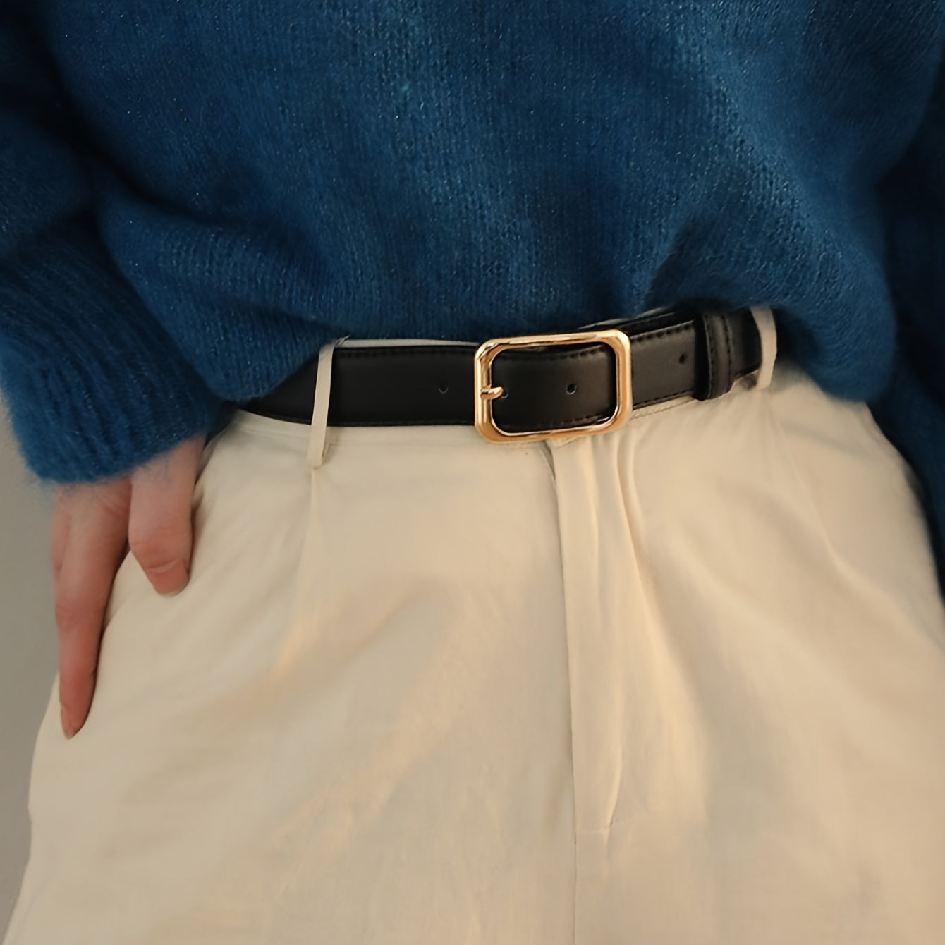 Ladies Dress Jeans Belt with Metal Square Buckle and Adjustable PU Leather Waistband