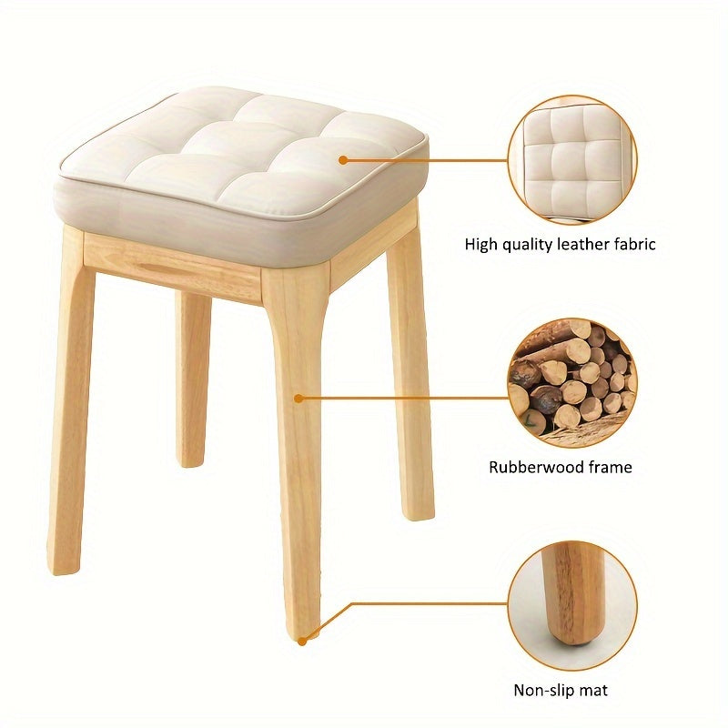 Solid Wood Soft Leather Stackable Square Stool for Living Room or Dressing