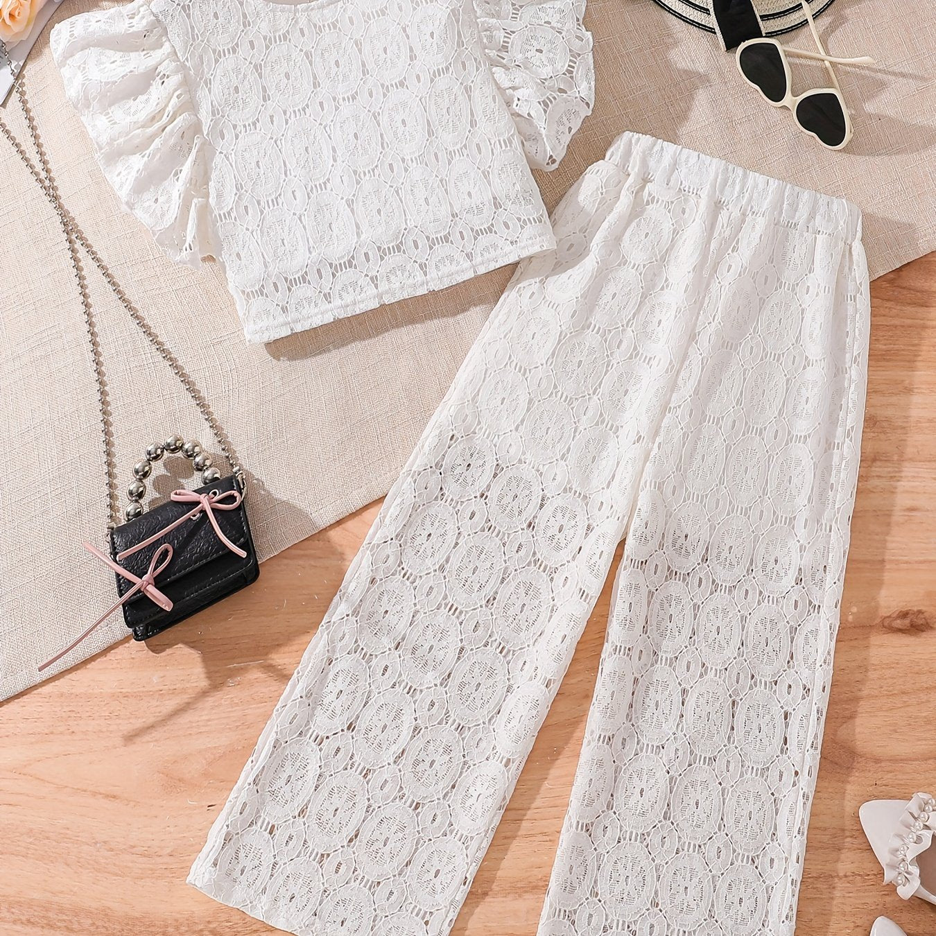 Girls Lace Set with Flounce Sleeve Top and Hollow-Out Pants for Summer