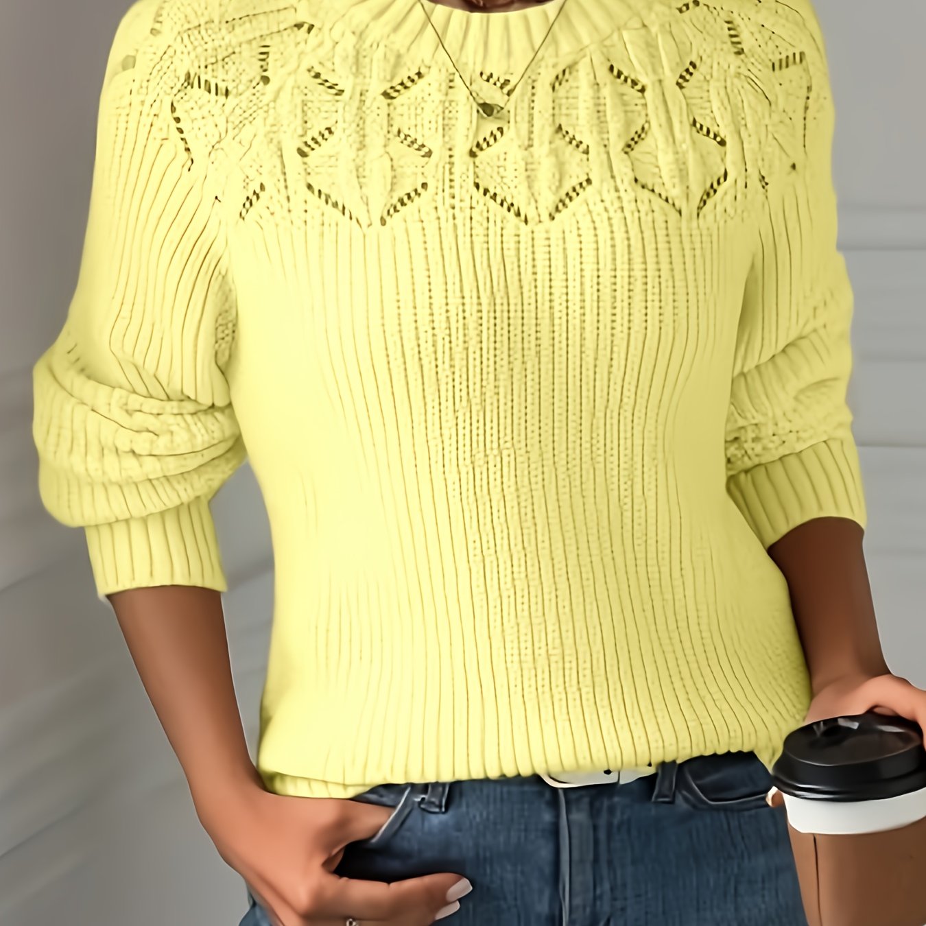 Ayollar uchun toqilgan uzun kofta, kuz qish, dumaloq bo'yin, qora