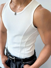 Men's White Ribbed Polyester Tank Top for Summer Workout Sleeveless Crew Neck