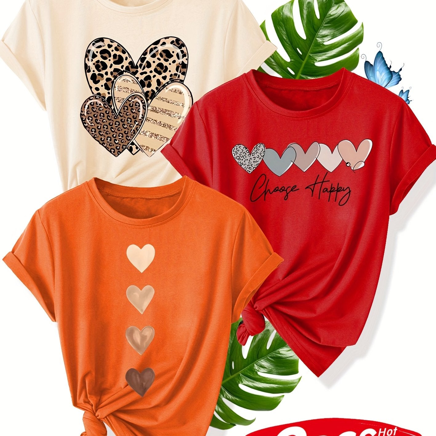 Women's Retro Heart Graphic Tees 3-Pack Short Sleeve Summer Cotton Blend