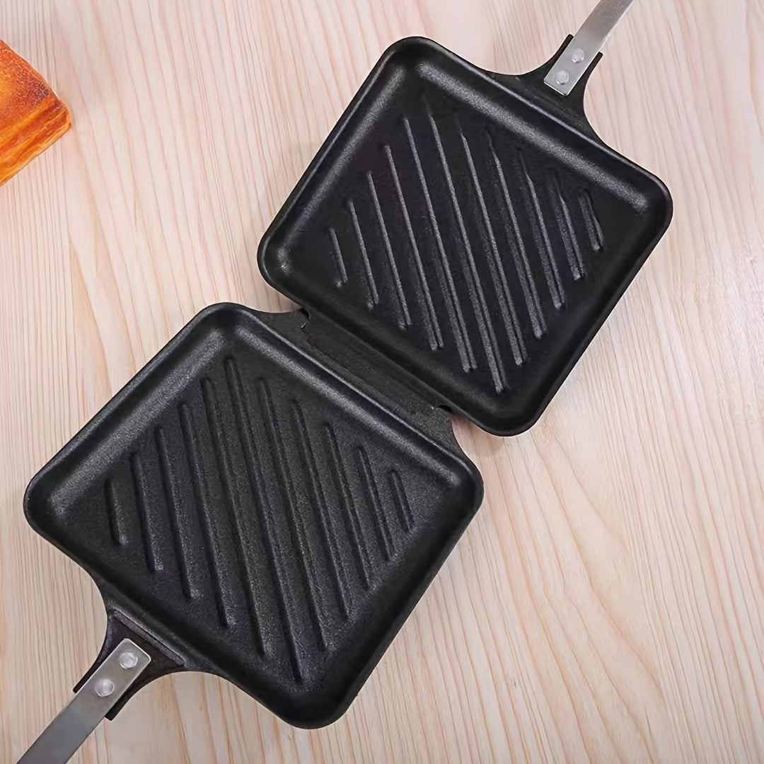 Cast Iron Double-Sided Sandwich Press Non-Stick Griddle for Breakfast Waffles and Sandwiches
