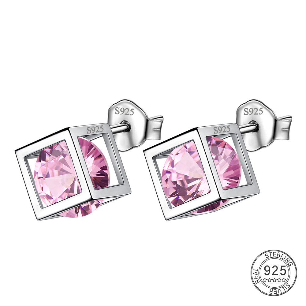 Small 3D Cube Birthstone Stud Earrings for Women Sterling Silver Minimalist Birthday Gift