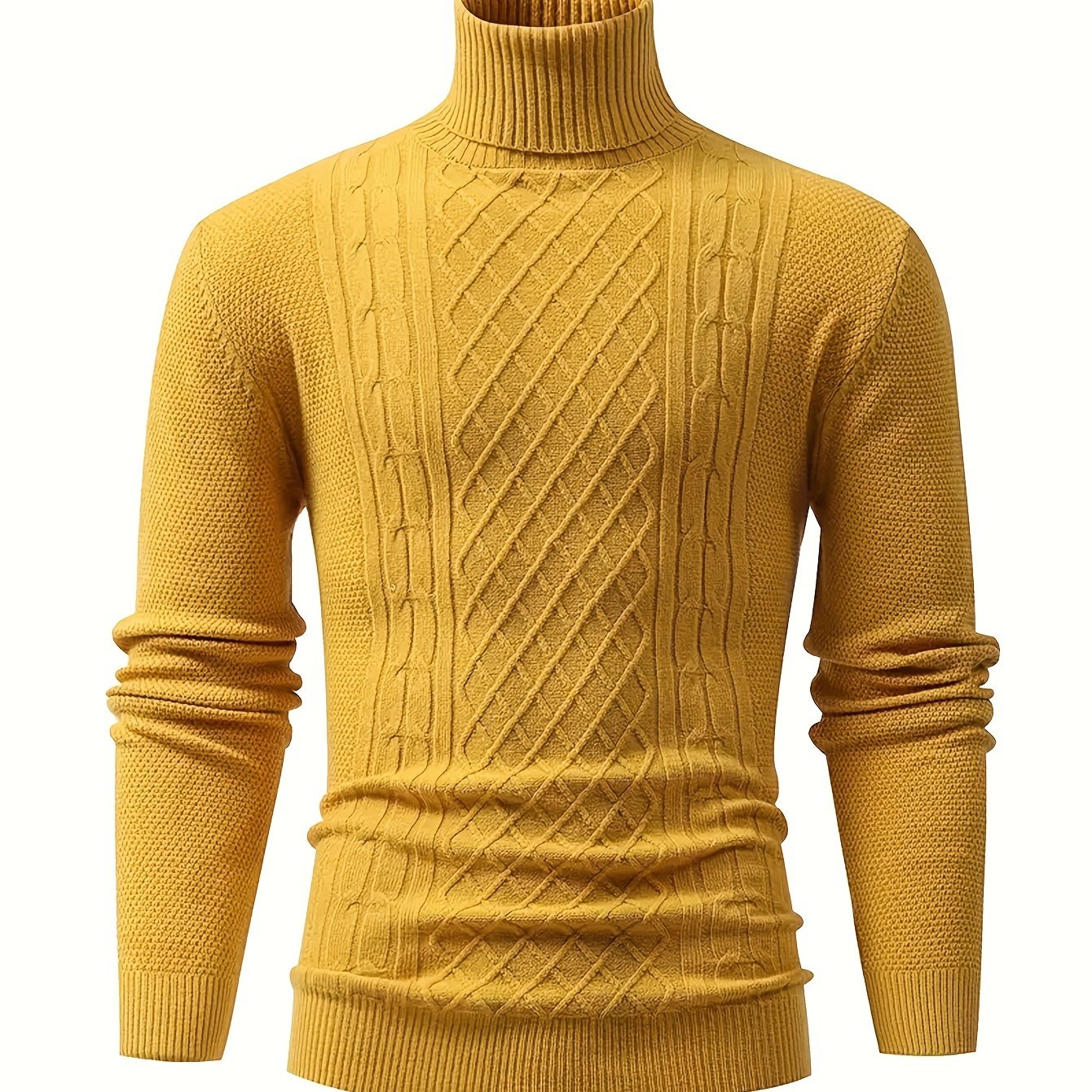Men's Cable Knit Turtleneck Sweater Fall Winter Long Sleeve Solid Color Stretch Pullover