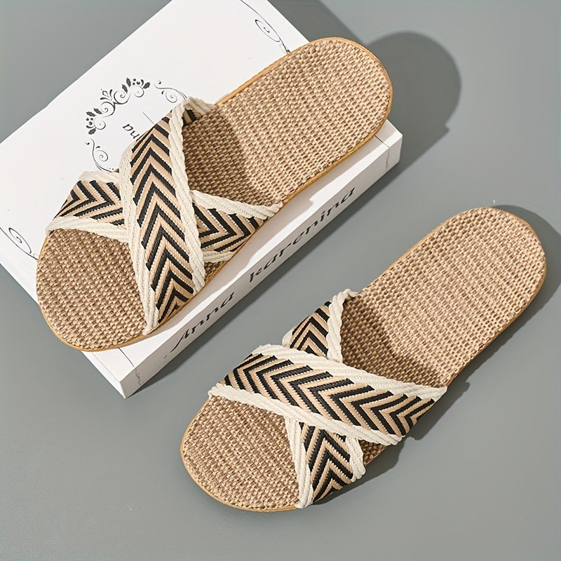 Women's Linen Slides Black and White Chevron Casual Sandals