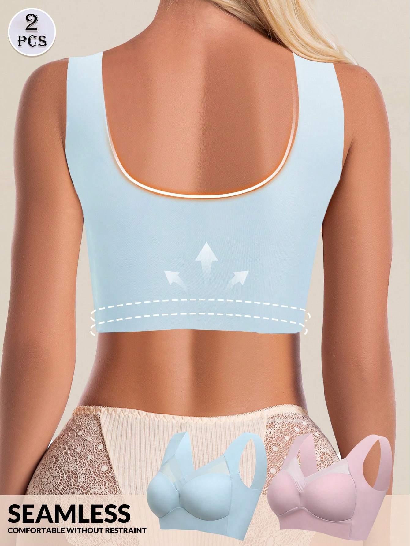 Women's Seamless Backless No-Wire Bra Soft Breathable Invisible Bra Pair