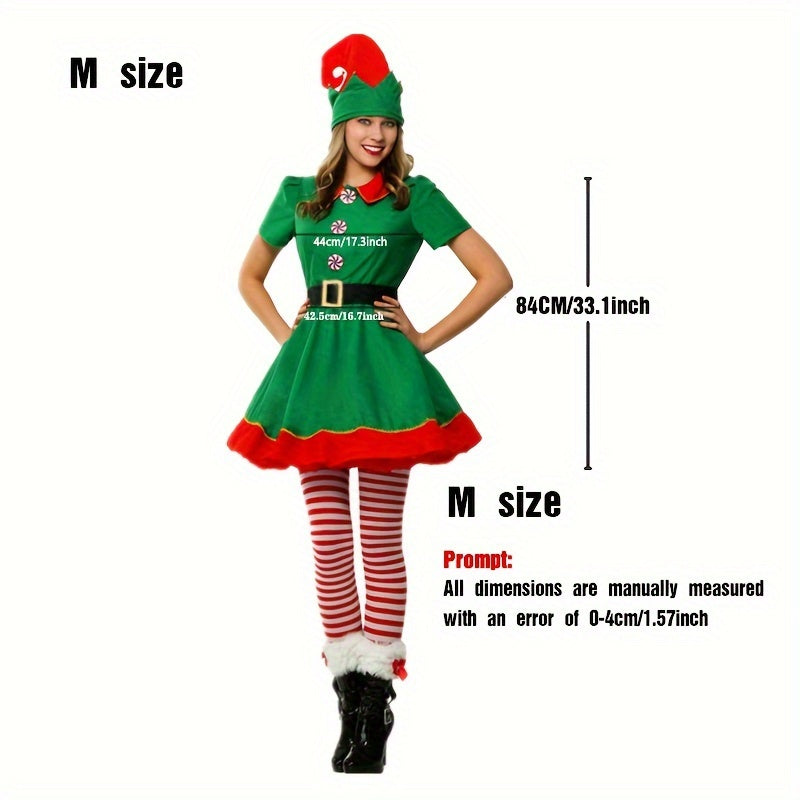 Women's Christmas Elf Costume Set Includes Dress Hat Socks Belt Holiday Party Wear