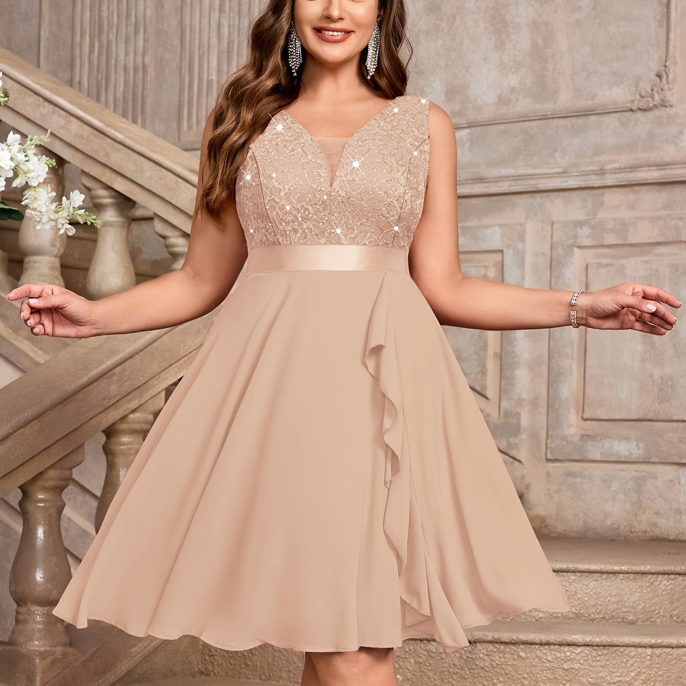 Vestido de gasa sin mangas con escote en V de talla grande, con volante de encaje en el dobladillo para mujer