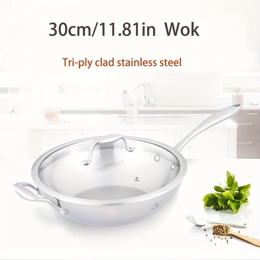 30cm Stainless Steel Tri-Ply Wok with Lid for Gas and Induction Cooking