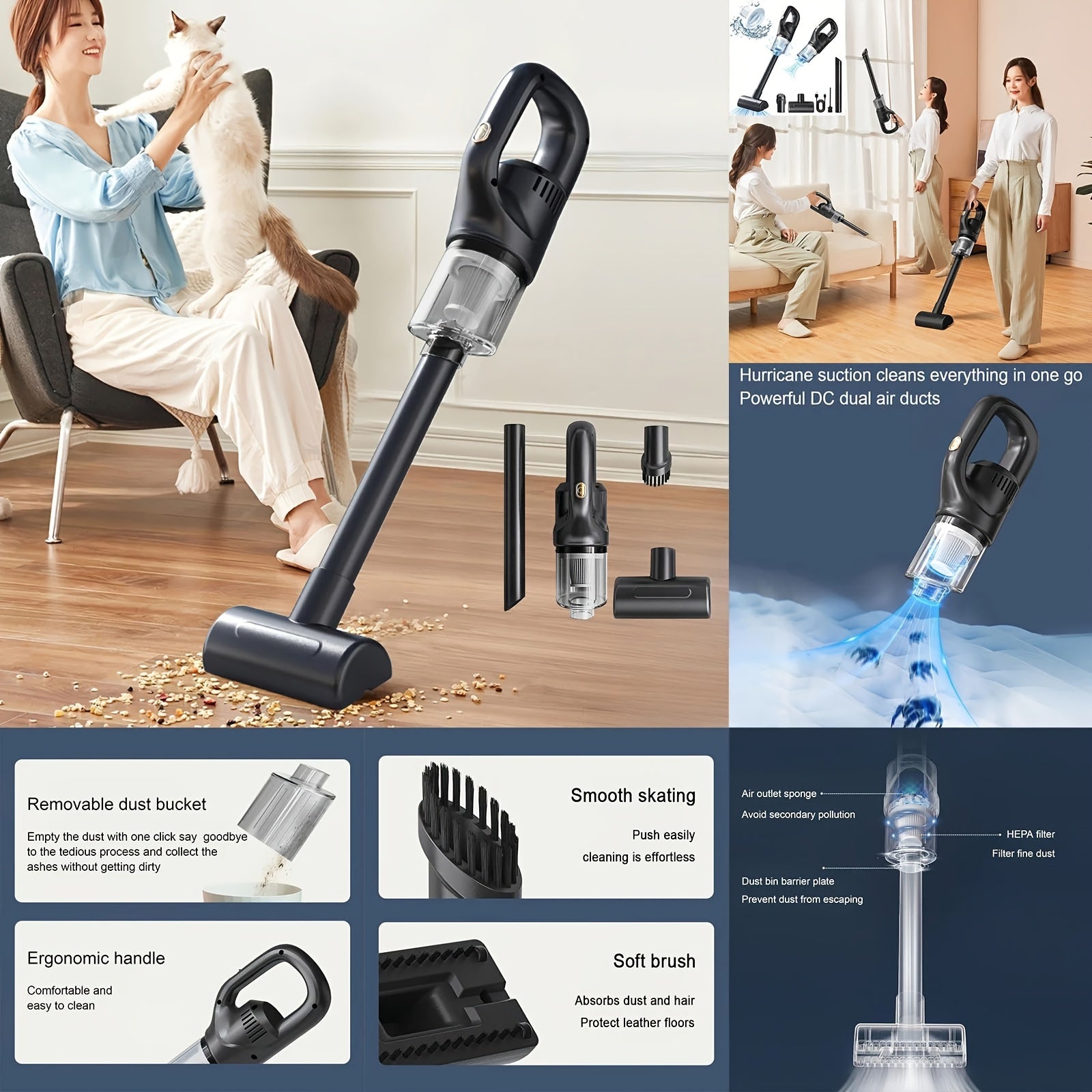 Koʻchma avtomobil vakuum tozalagichi, avtomobil, uy, ofis va uy hayvonlari uchun koʻp nozzle bilan.