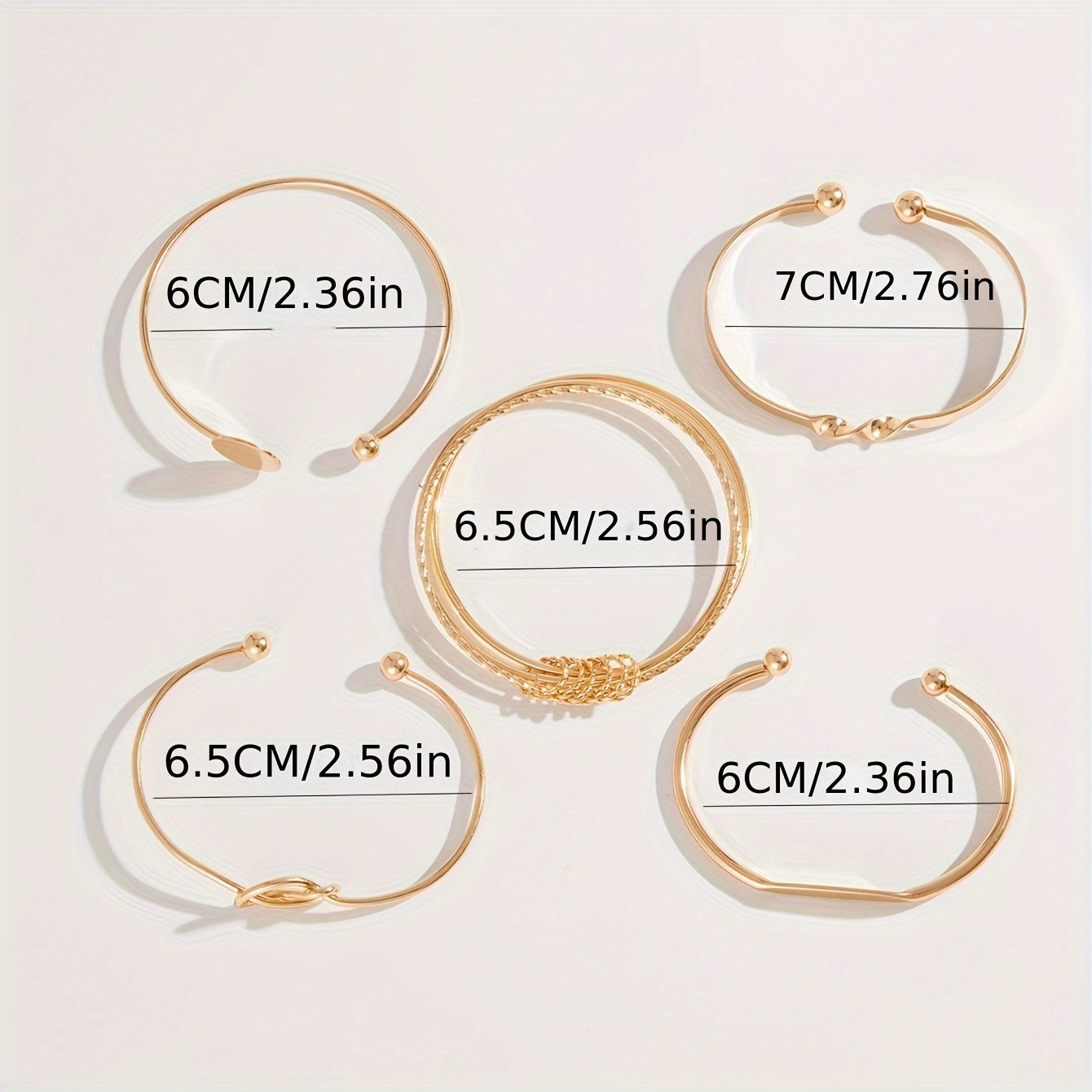 Set of 5 Minimalist Geometric Alloy Bangle Bracelets for Women in Retro Style