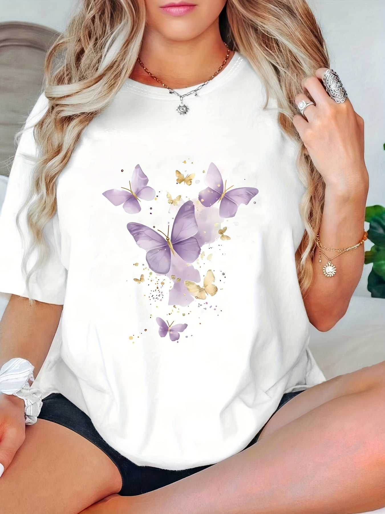 Plus Size Purple Butterfly Print Short Sleeve T-Shirt for Women