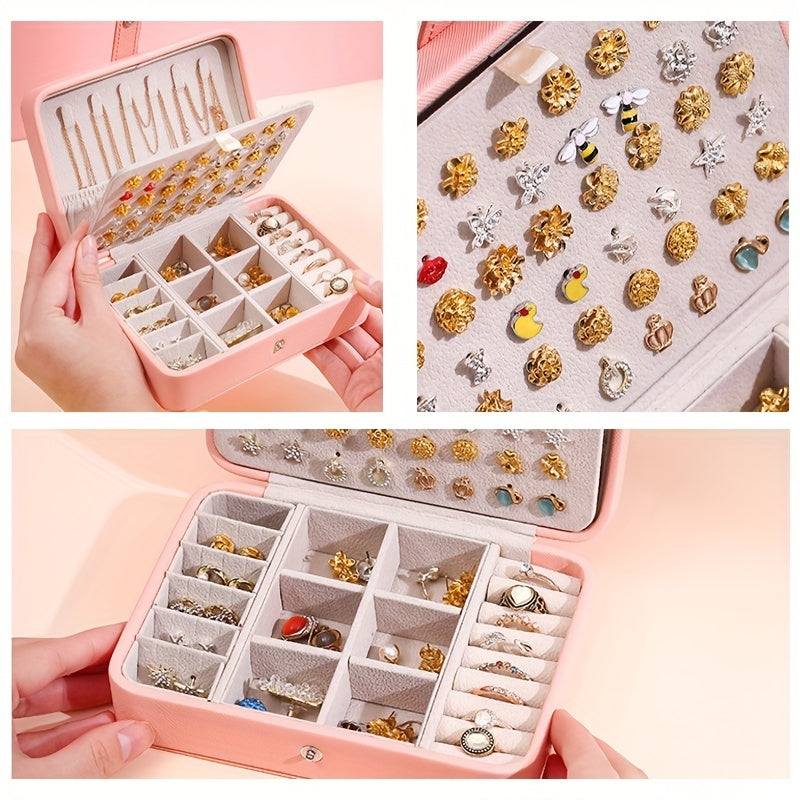 Leather Jewelry Box with Double Layers Mini Storage Case for Earrings Rings Necklaces
