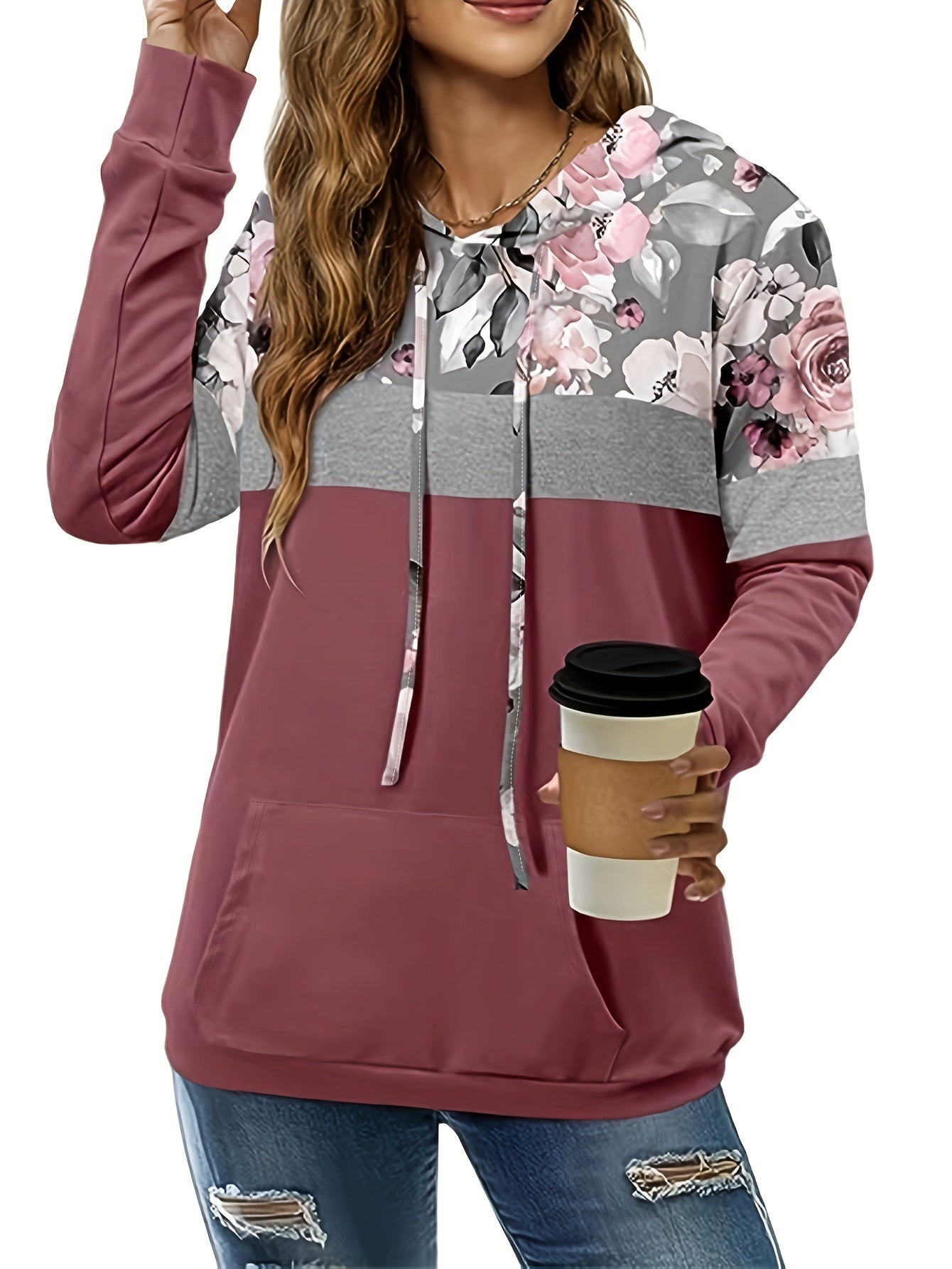 Plus Size Women's Colorblock Floral Print Hoodie with Pockets