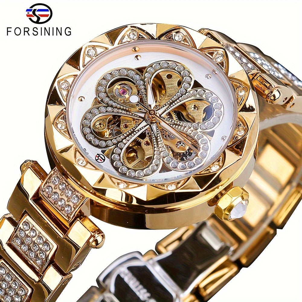 Women's Mechanical Watch Rhinestone Flower Skeleton Stainless Steel Wristband
