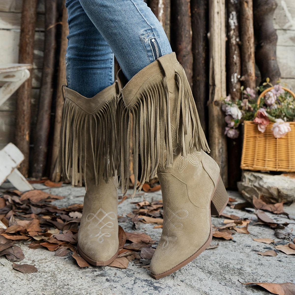 Women's Western Cowboy Boots with Fringe Butterfly Embroidery Pointed Toe