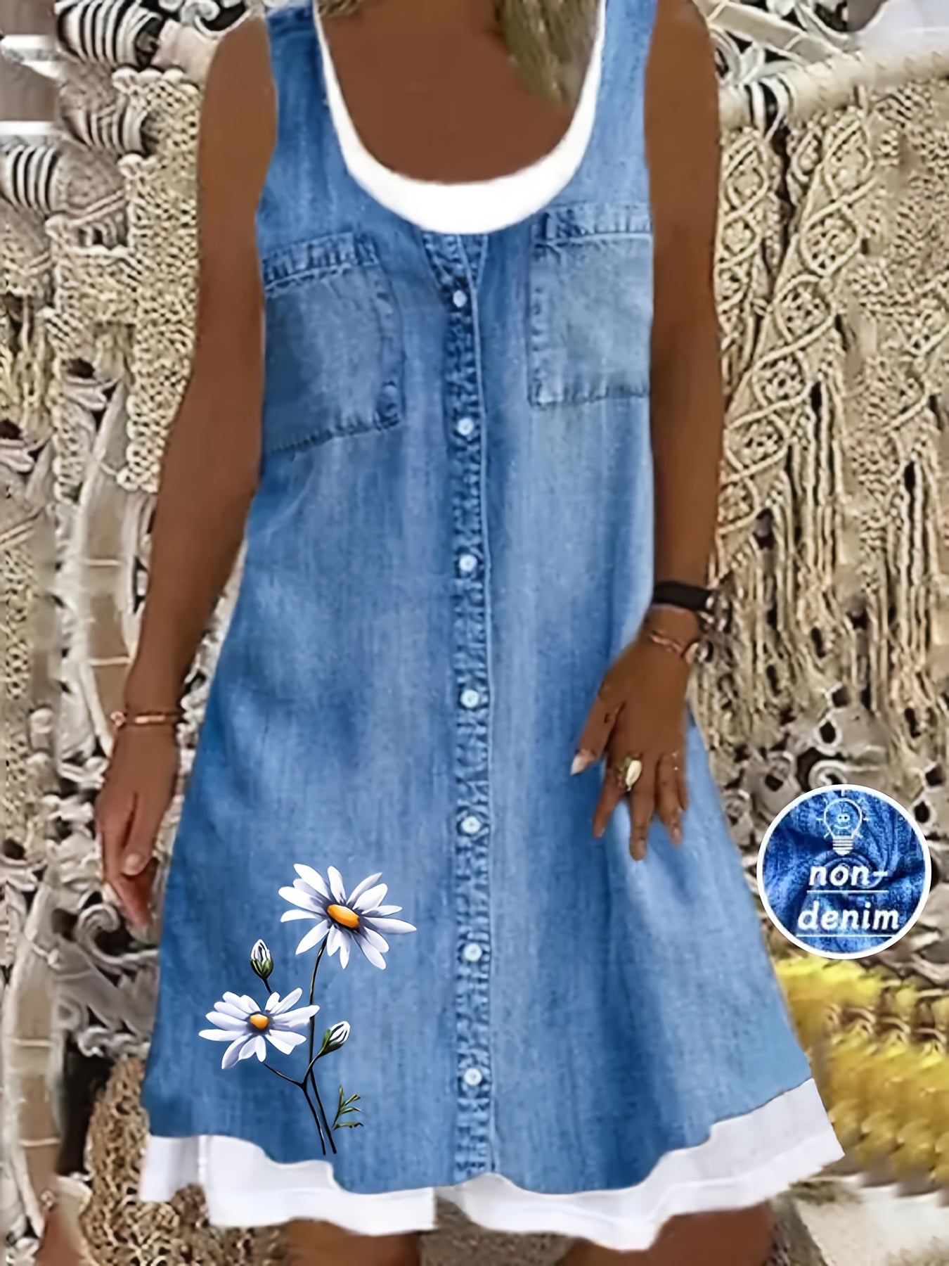 Women's Plus Size Floral Denim Print Tank Dress Polyester Casual Fit and Flare