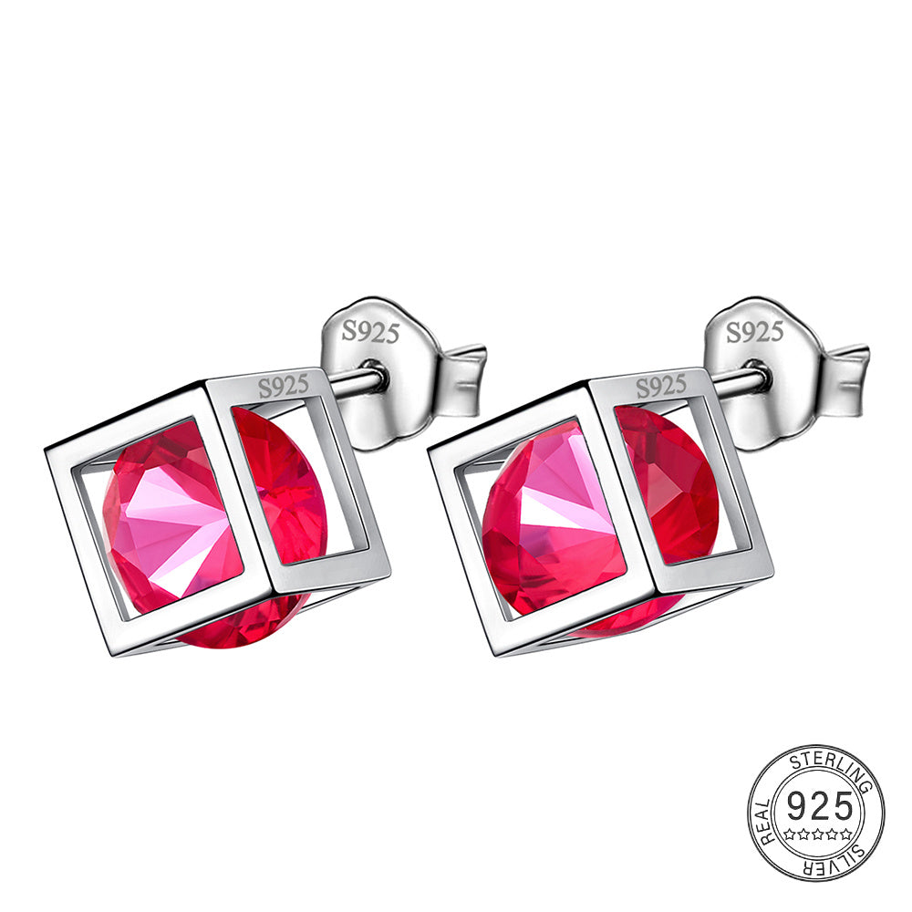 Small 3D Cube Birthstone Stud Earrings for Women Sterling Silver Minimalist Birthday Gift
