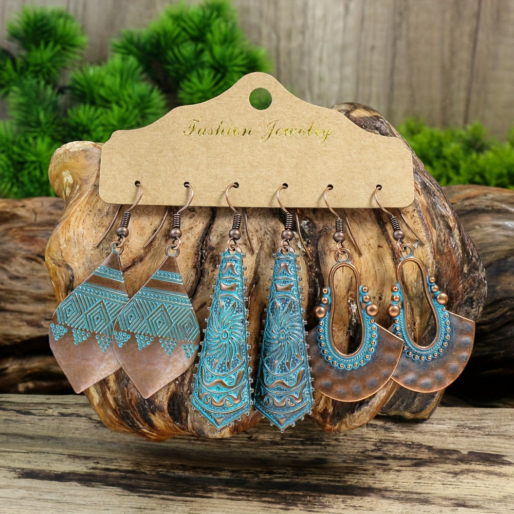 Men's Retro Distressed Geometric Round Dangle Earrings Set of 12 Holiday Party Jewelry