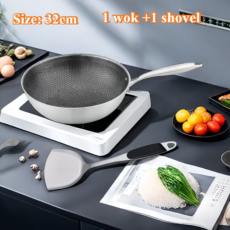 Stainless Steel Wok with Honeycomb Pattern Non-Stick Scratch-Resistant for Stir-Frying on Gas and Induction Cooktops