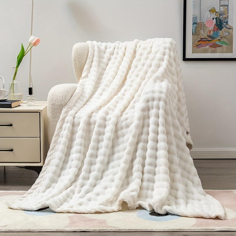 White Bubble Fleece Blanket 100% Polyester All-Season Cozy Throw for Living Room Bedroom Camping