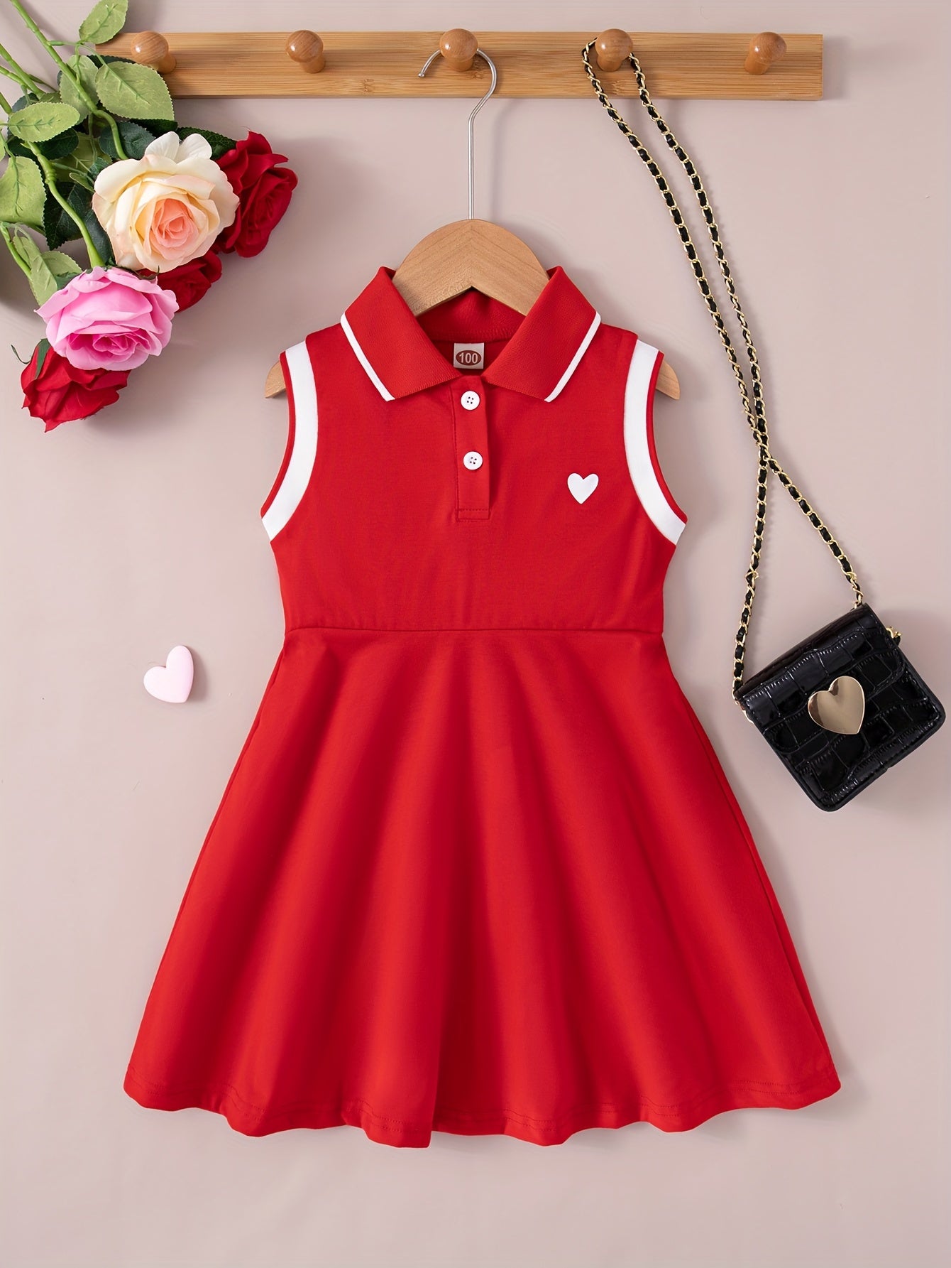 Girls Summer Sleeveless Dress with Collar Heart Print Knee Length Fabric Knit