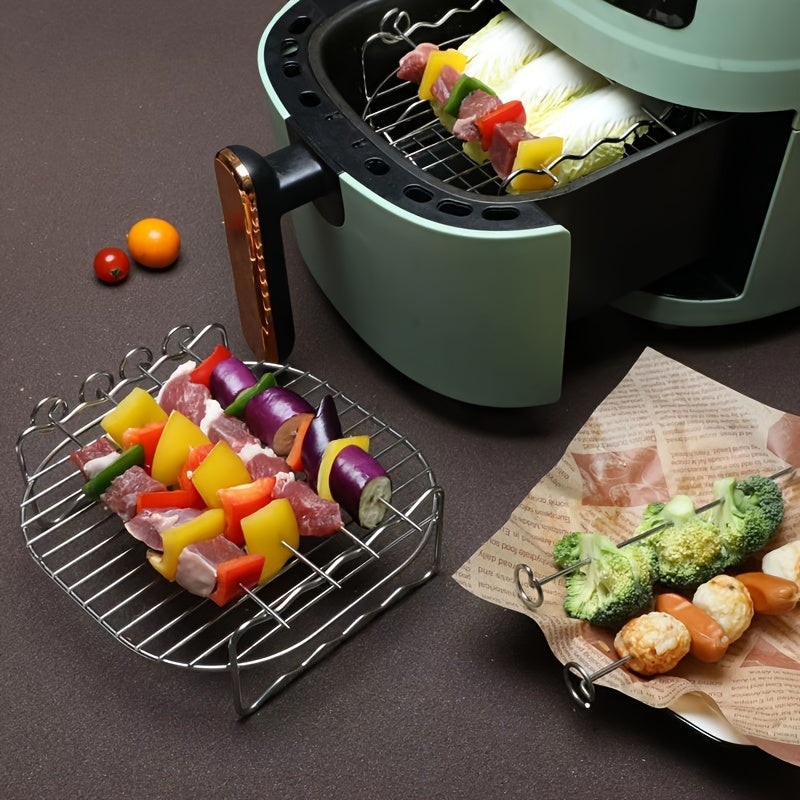 Stainless Steel Air Fryer Accessories Set with Double-Layer Grill Skewers Bread Rack and Steamer