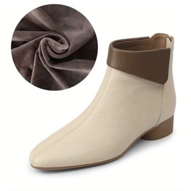 Women Ankle Boots Faux Cover Leather Mid-Heel Side Zipper Pointed Toe