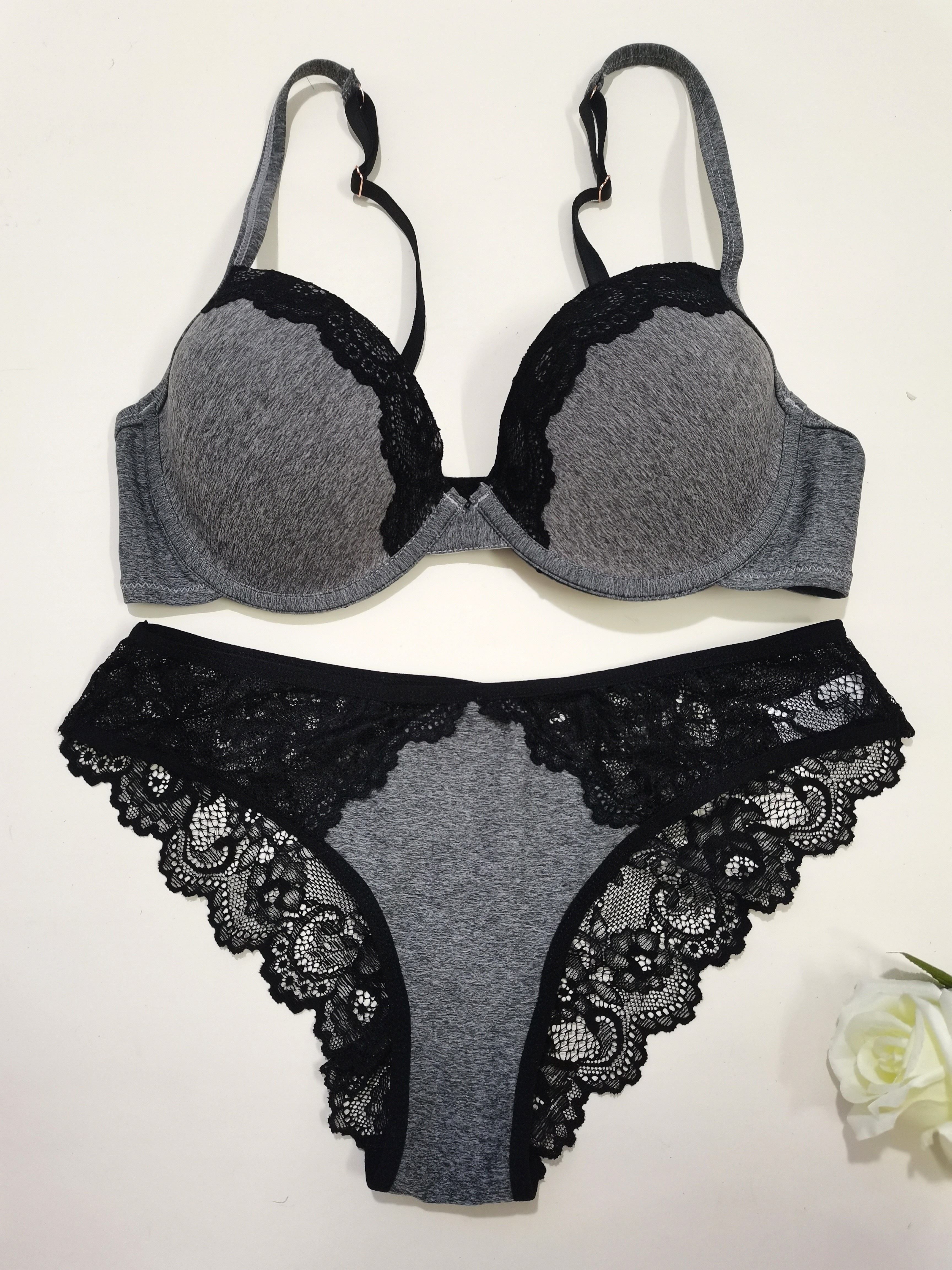 Women's Floral Lace Lingerie Set with Plunge Bra and Sheer Briefs