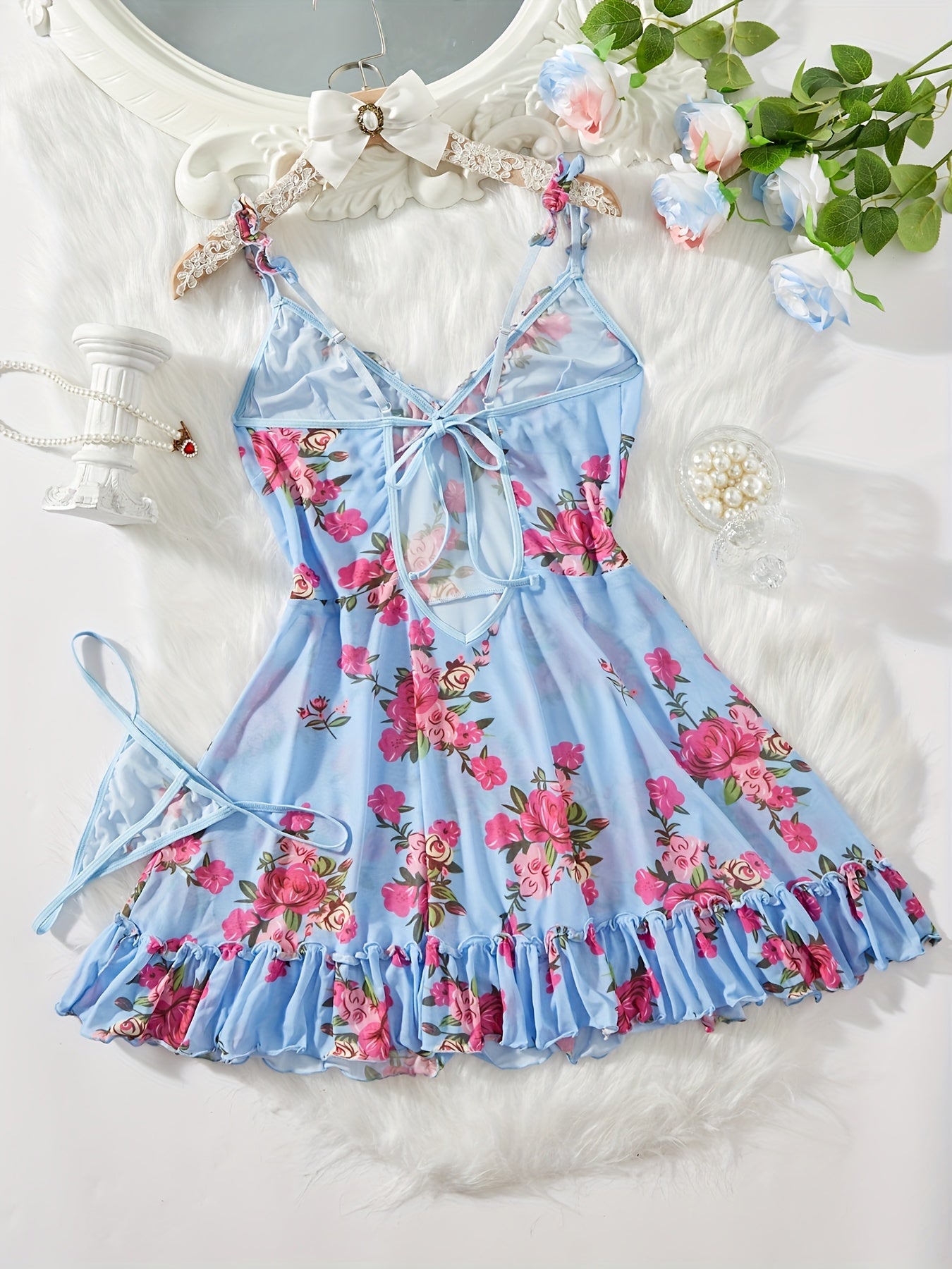 Women's Floral Print Babydoll Dress with Thong Lingerie Set