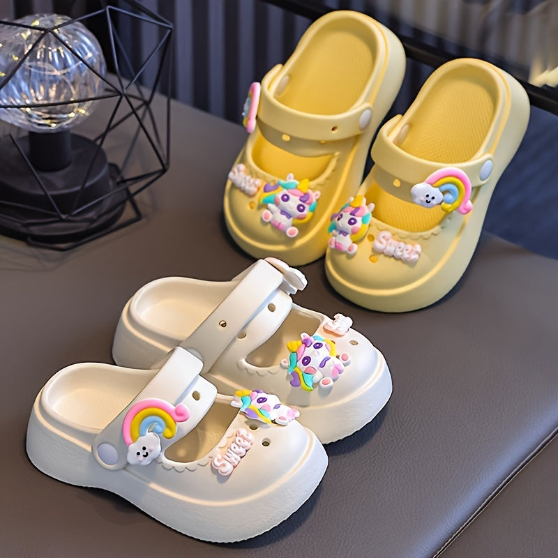 Girls' Cartoon Clogs in Pink and White with Charms for All-Season Indoor Outdoor Use