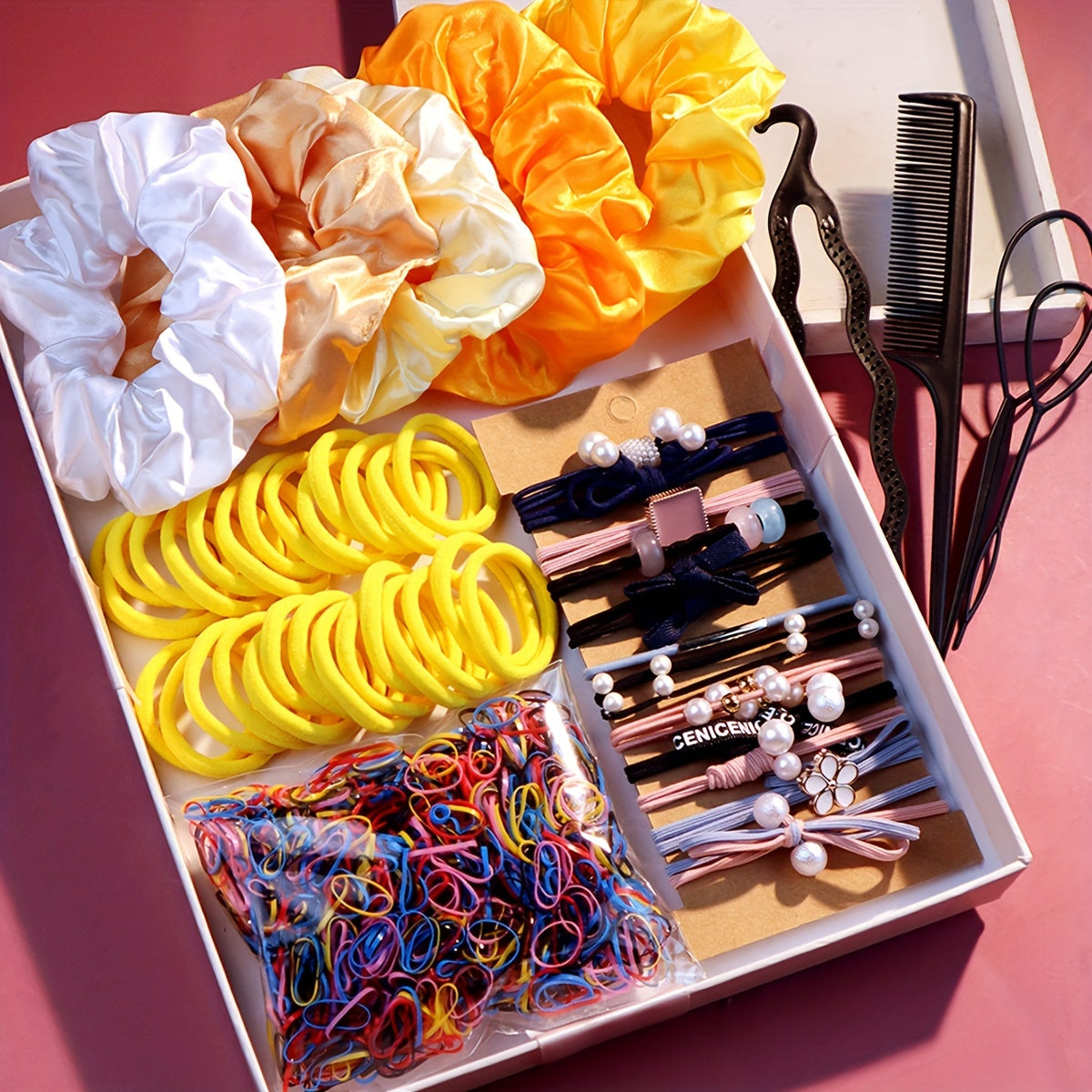 Women's Hair Accessory Set with Scrunchies, Braiding Tools and Headbands