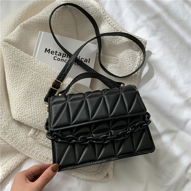 Women's Small Shoulder Bag with Chain Decoration and Diamond-Lattice Design in Black PU