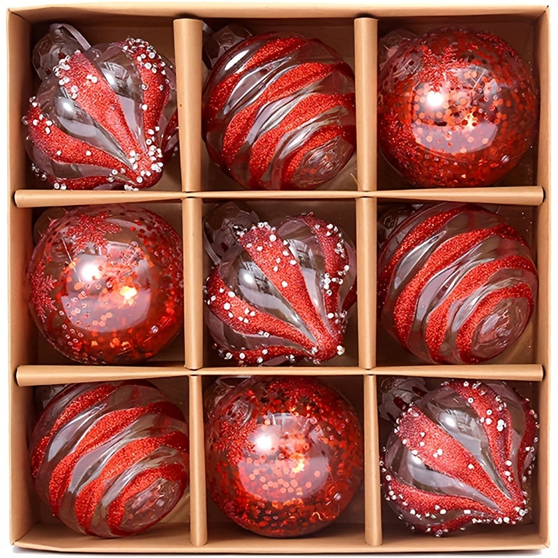 Set of 9 Red 8cm Christmas Ball Decorations for Holiday and Party Decor