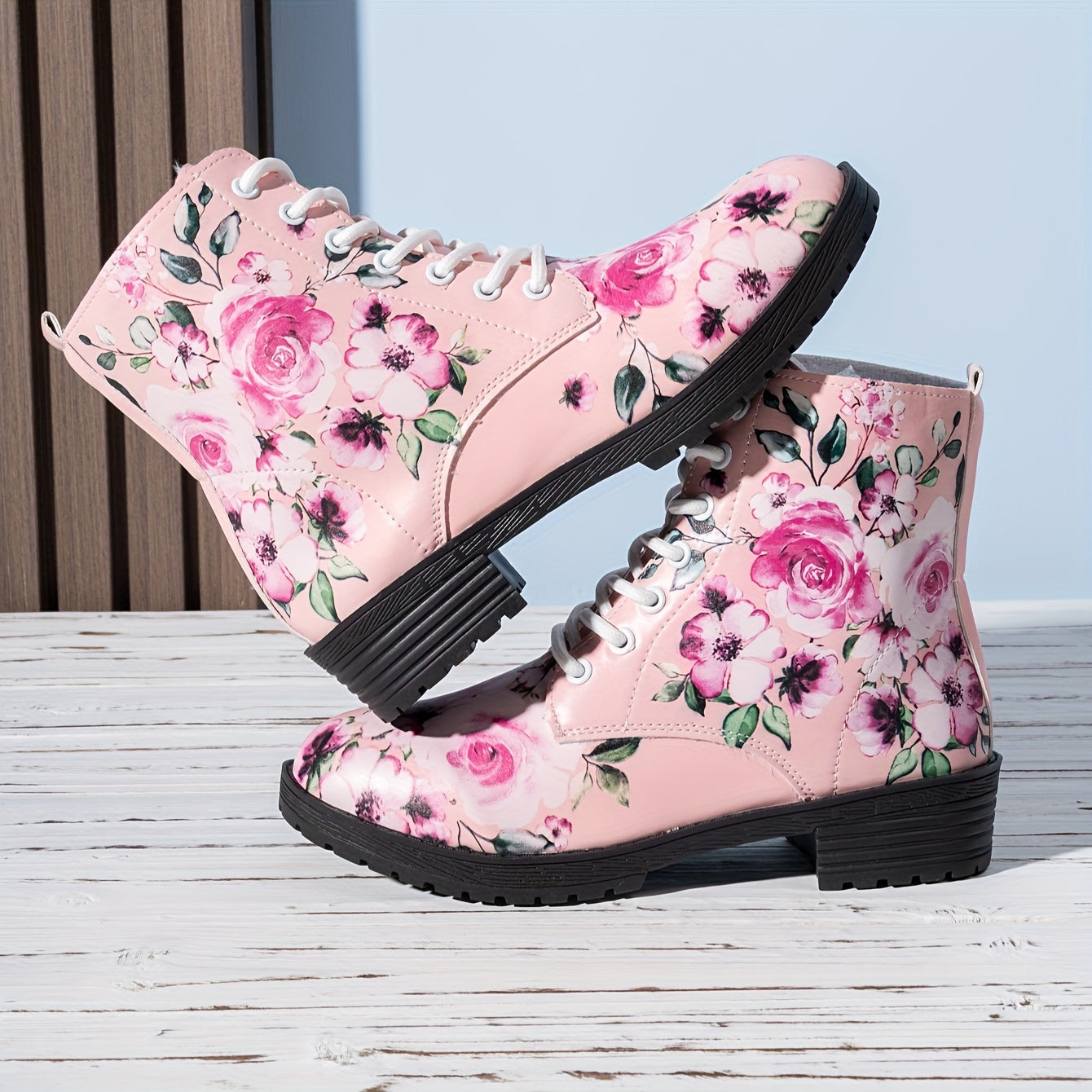 Women's Floral Pattern Lace-Up Casual Boots with Soft Sole and Round Toe