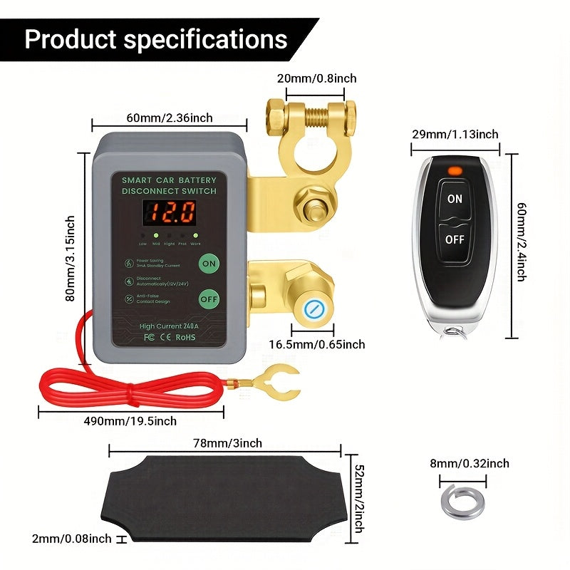 Smart Car Battery Disconnect Switch with LED Display 12V Remote Control