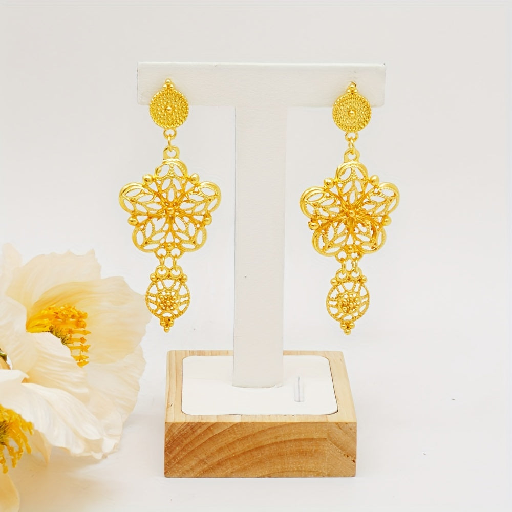 Vintage Bohemia Zinc Alloy Jewelry Set with Hollow Flower Necklace and Dangle Earrings