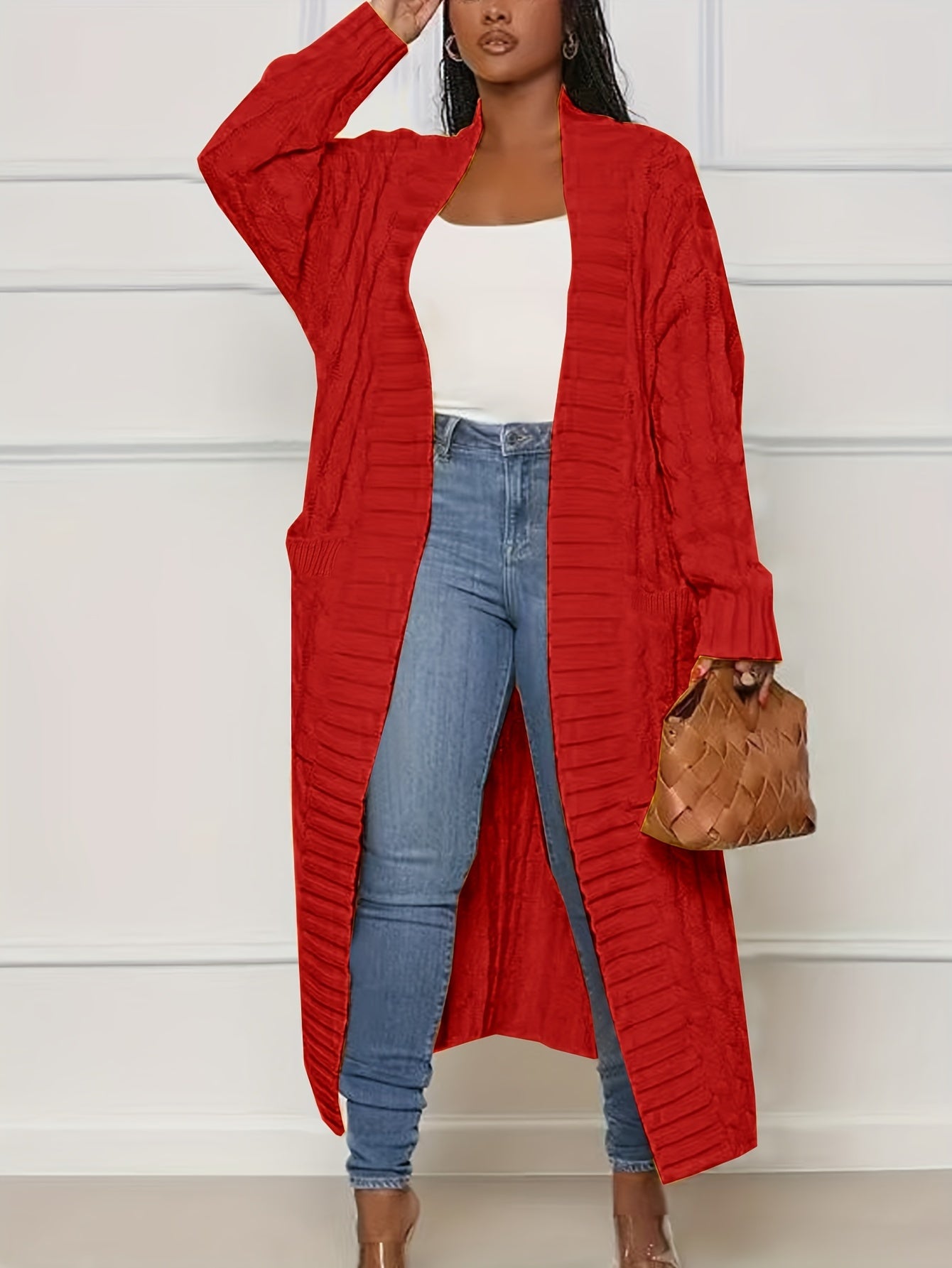 Plus Size Open Front Cardigan with Pockets Long Sleeves Women's Casual Winter Knit Polyester