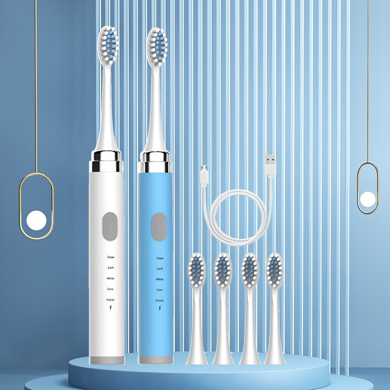 Electric Toothbrush Set 2pcs 5-Speed USB Rechargeable Soft Brush Heads Whitening