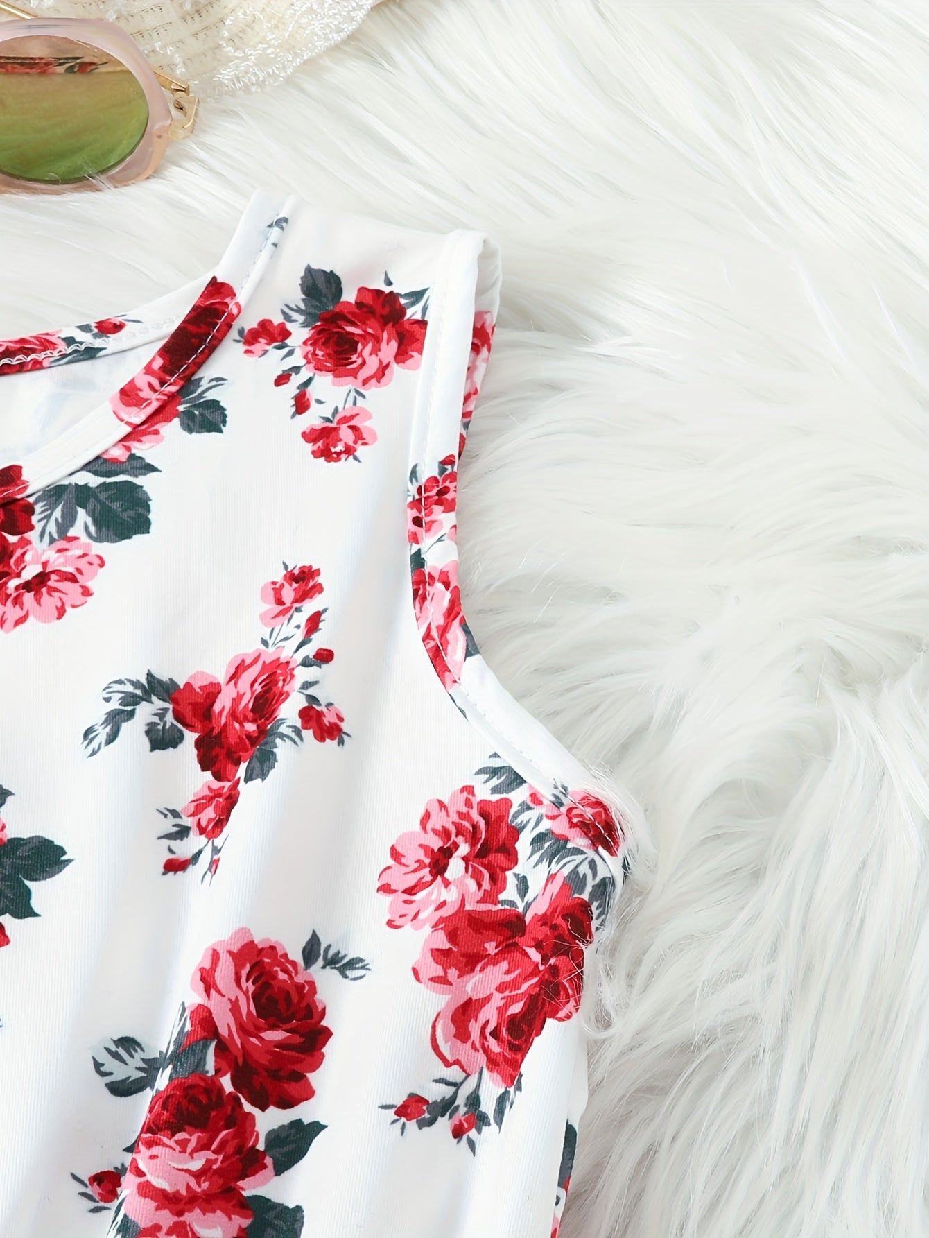 Girls' Spring Fall Floral Dress Set with Ruffle Hem and Crew Neck Top