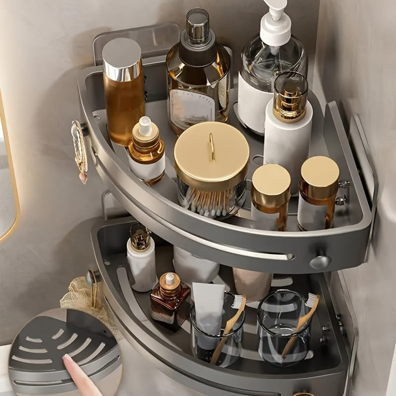 Hojatxona devor polkasi to'plami, 2 ta uchburchakli dush qutilari, shampun va kosmetika uchun punchsiz tutqich bilan saqlash tashkilotchisi