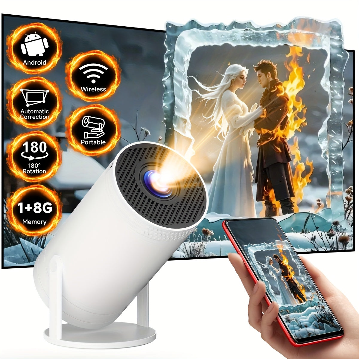 Portable 4K Smart Home Theater Projector with 270° Rotation Wall Support