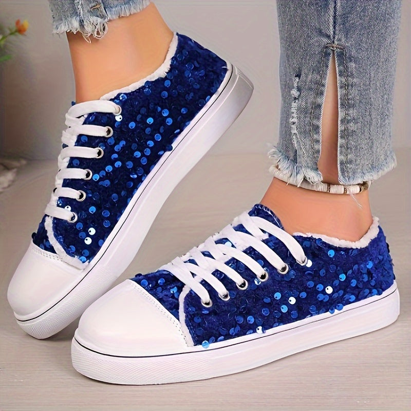 Women's Sequin Decor Casual Laced Low-Top Sneakers