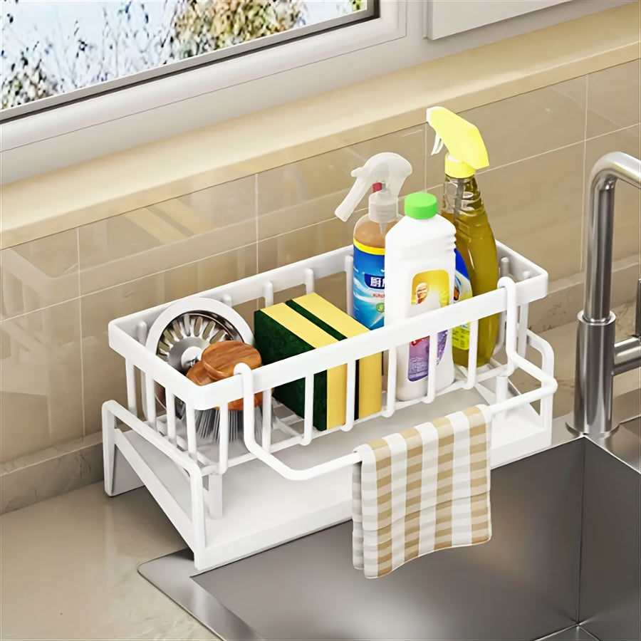 "Countertop uchun ikki funktsiyali idish to'plami va gubka ushlagich, oshxona va hammom uchun qulay saqlash yechimi, idish to'plari va gubkalar uchun bitta qatlamli tokcha, oshxona aksessuarlarini tartibga solish uchun ideal"