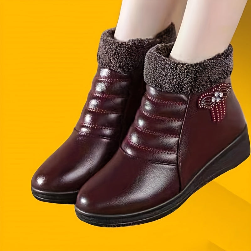 Women's Faux Fur Ankle Boots with Plush Lining Non-Slip Sole Red Bow