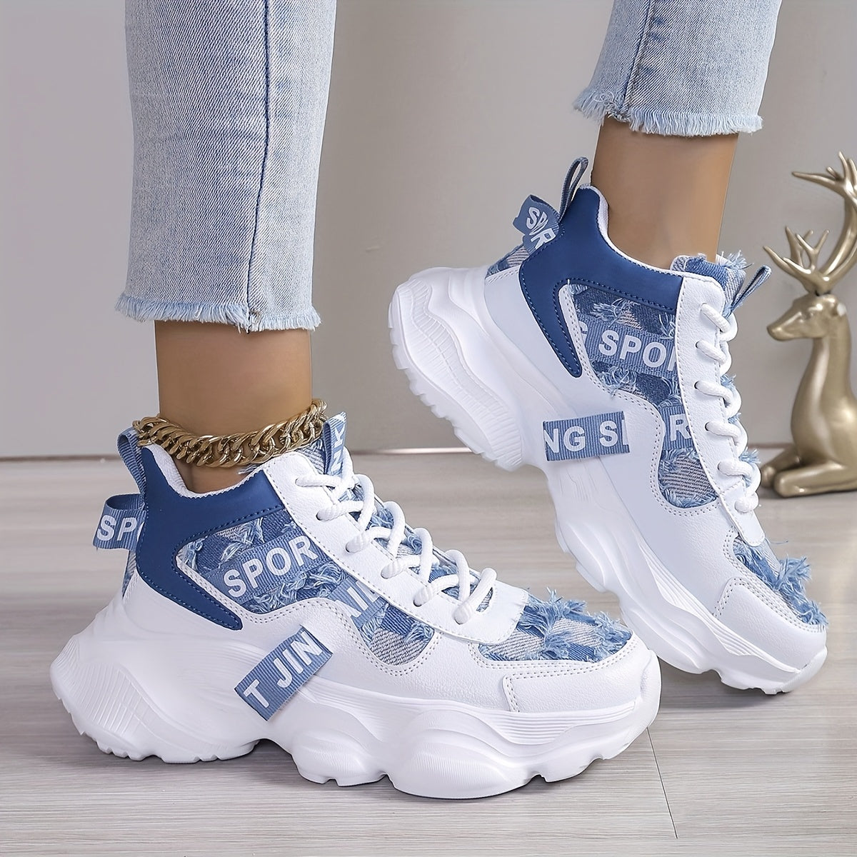 Women's High-Top Sneakers Breathable EVA Sole Casual Shoes Blue and White