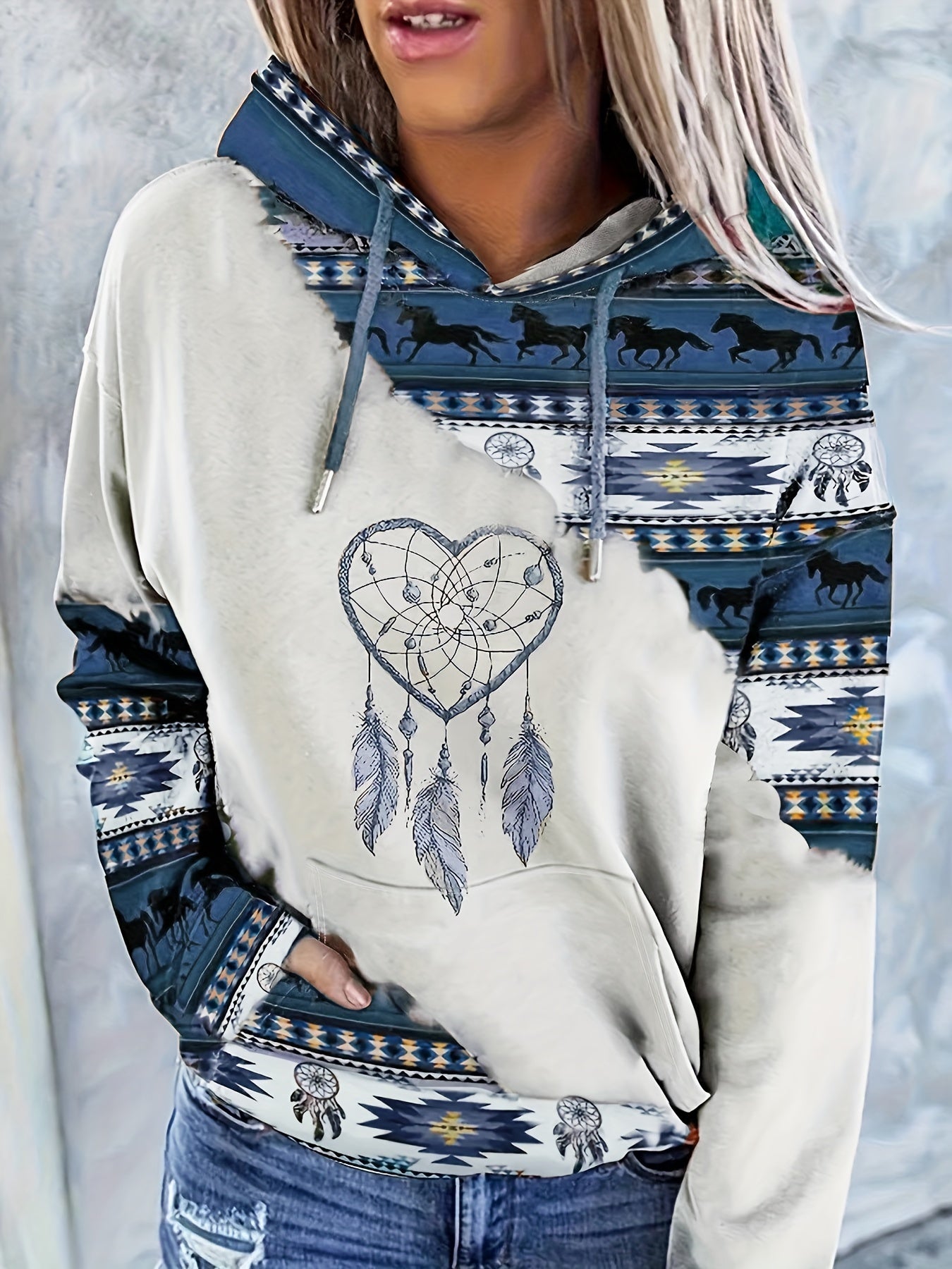 Women's Ethnic Print Hooded Sweatshirt with Knit Fabric and Drawstring