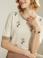 Suéter de mujer con bordado floral, cuello redondo, otoño, primavera, casual, elegante