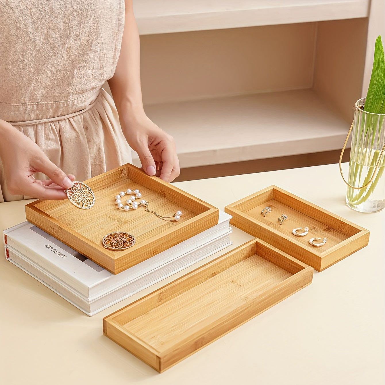 Набор подносов из бамбукового дерева 3 размера для хранения, организации, декора дома